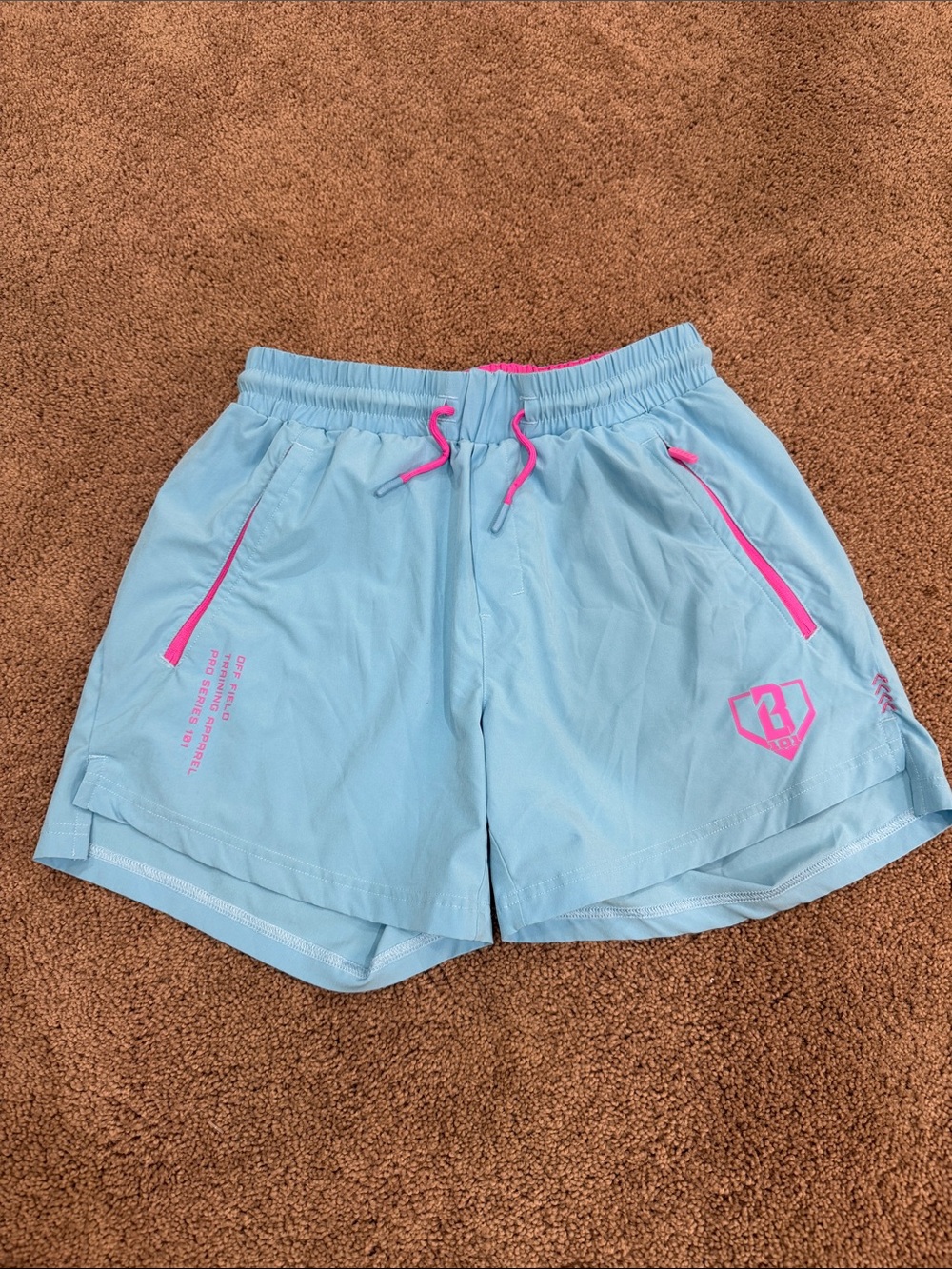 Light Blue Athletic Shorts with Pink Accents — Performance Running Shorts